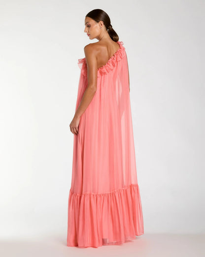 Mac Duggal Pink One Shoulder Chiffon Gown With 3D Rosette