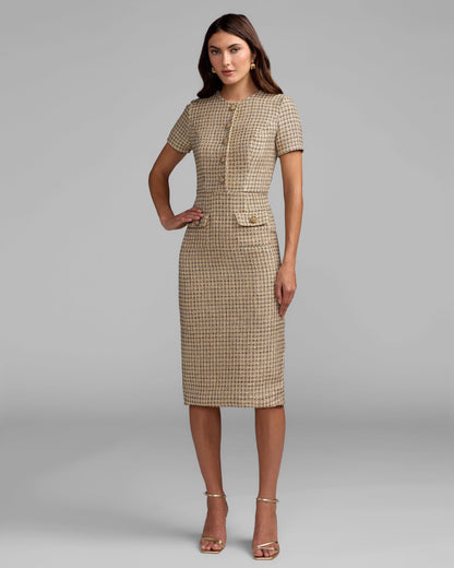 Mac Duggal Beige Boucle Button Front Midi Dress