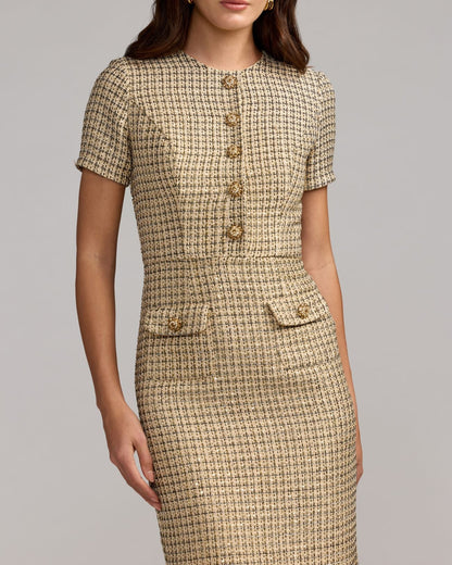Mac Duggal Beige Boucle Button Front Midi Dress