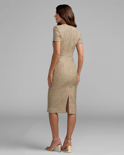 Mac Duggal Beige Boucle Button Front Midi Dress