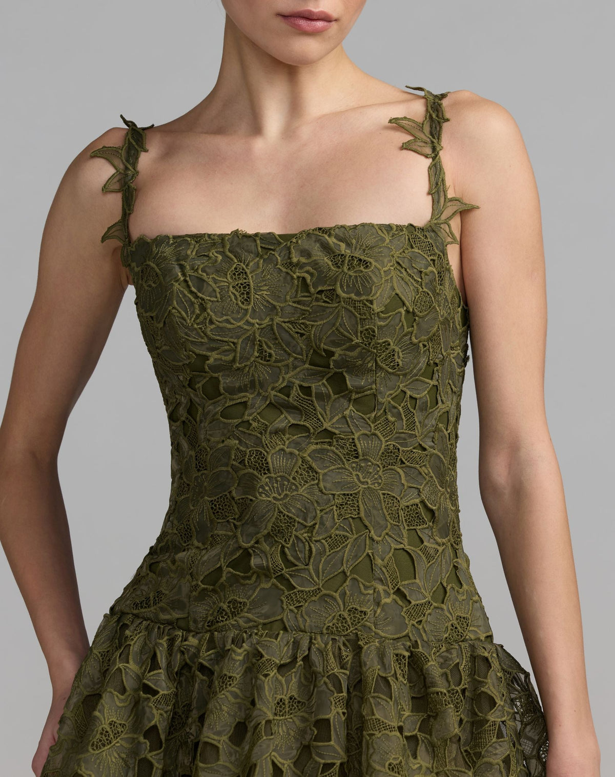 Mac Duggal Olive Sleeveless Embroidered Lace Tiered Midi Dress