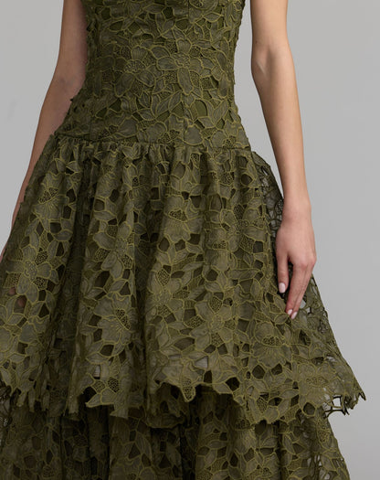 Mac Duggal Olive Sleeveless Embroidered Lace Tiered Midi Dress