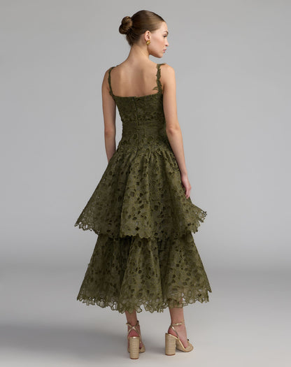 Mac Duggal Olive Sleeveless Embroidered Lace Tiered Midi Dress
