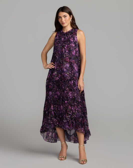 Mac Duggal Petite Purple Multi Sleeveless Floral Trapeze Midi Dress