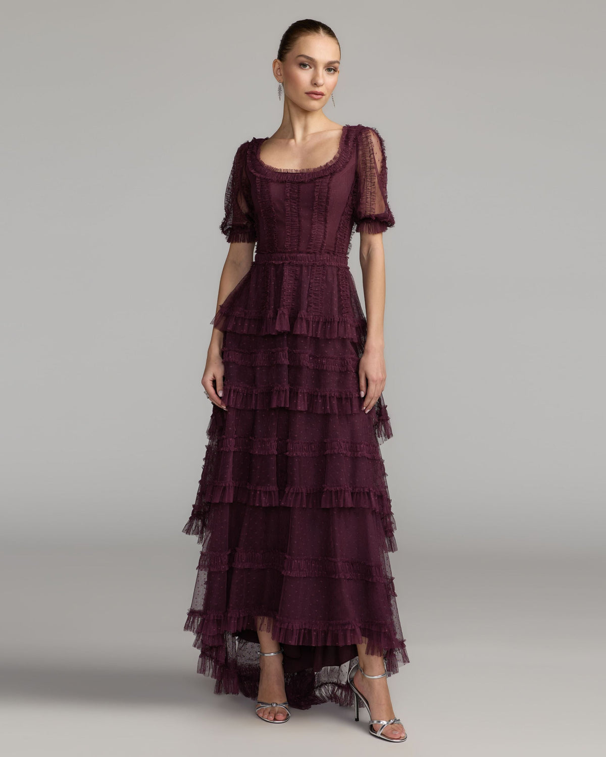 Mac Duggal Deep Purple Tiered Ruffle High-Low Maxi Dress