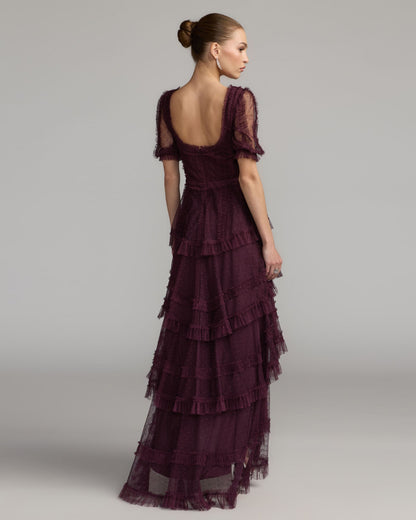 Mac Duggal Deep Purple Tiered Ruffle High-Low Maxi Dress