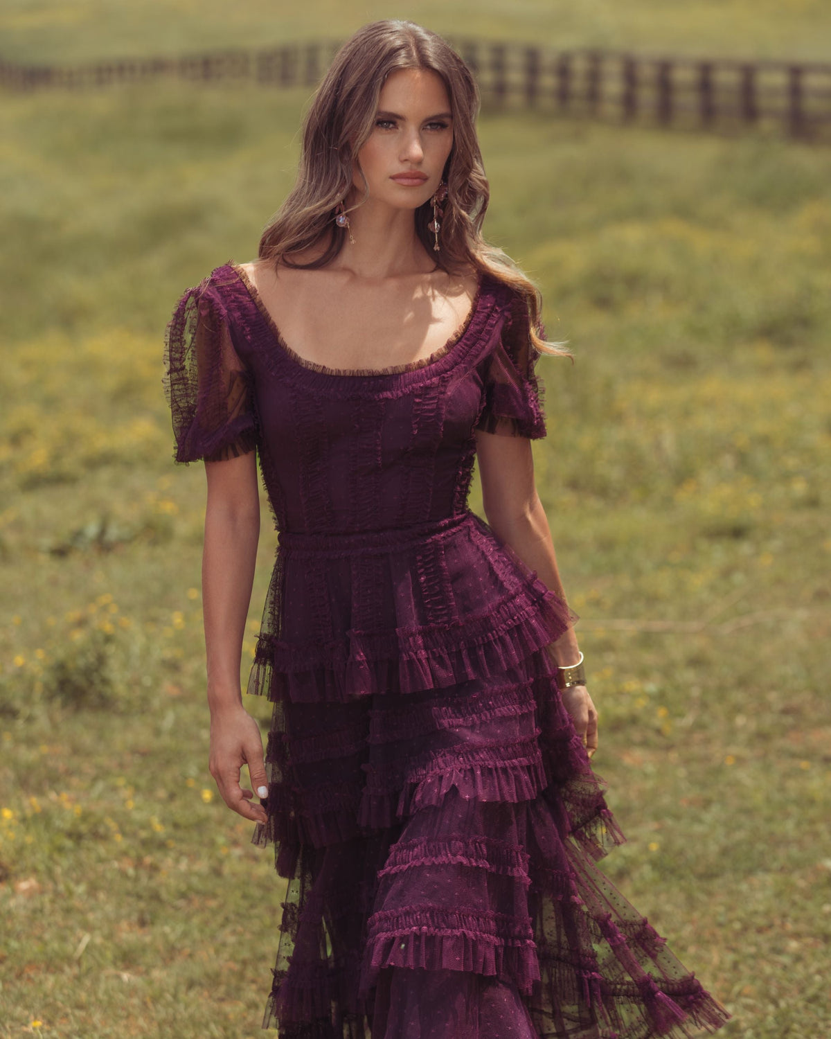 Mac Duggal Deep Purple Tiered Ruffle High-Low Maxi Dress