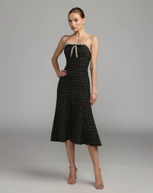 Mac Duggal Black Pearl Trim Boucle Midi Dress