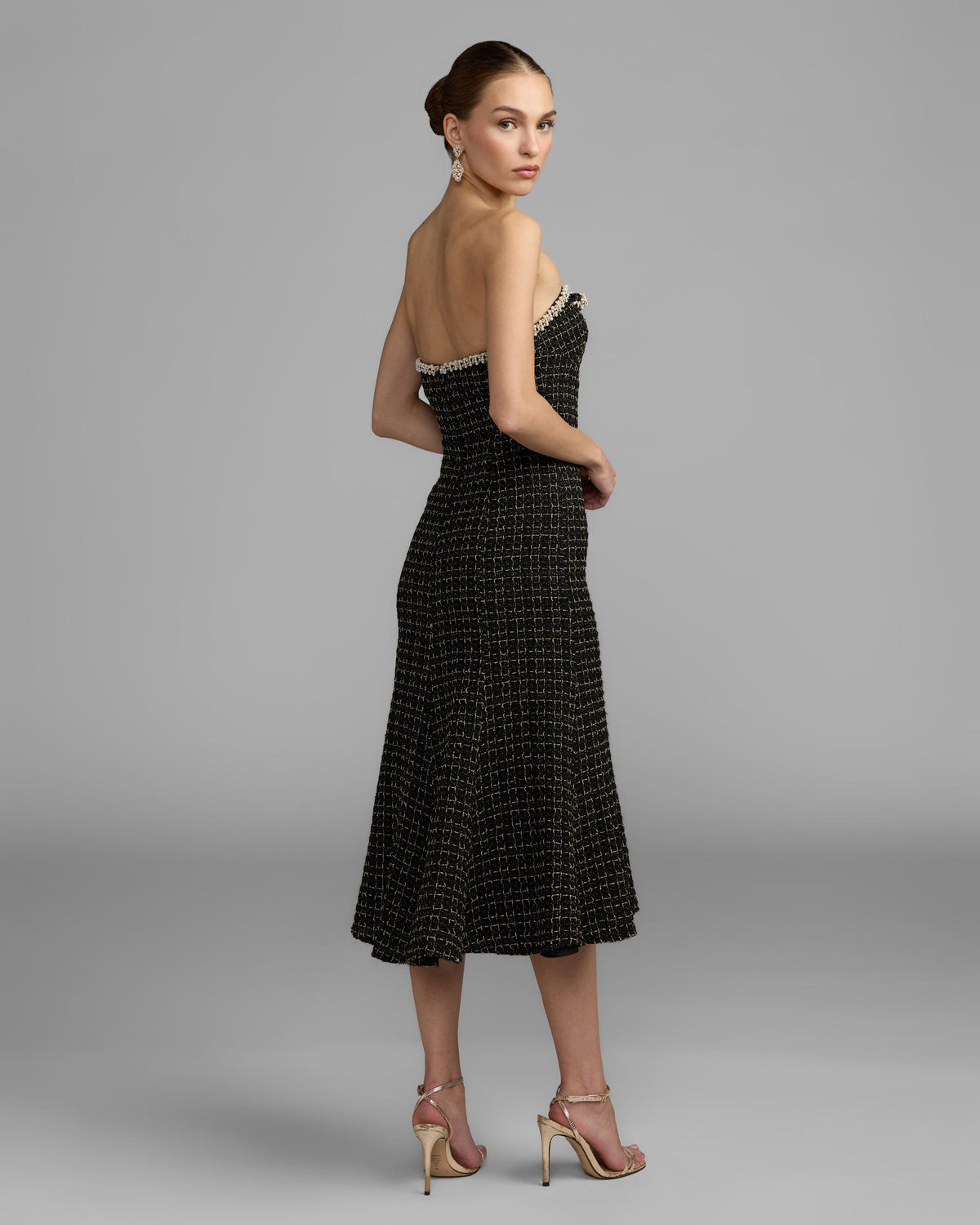 Mac Duggal Black Pearl Trim Boucle Midi Dress