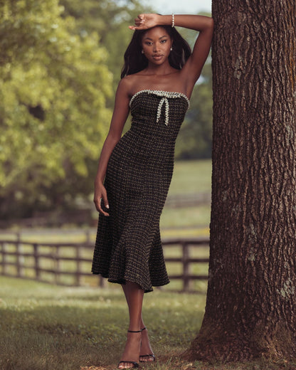 Mac Duggal Black Pearl Trim Boucle Midi Dress