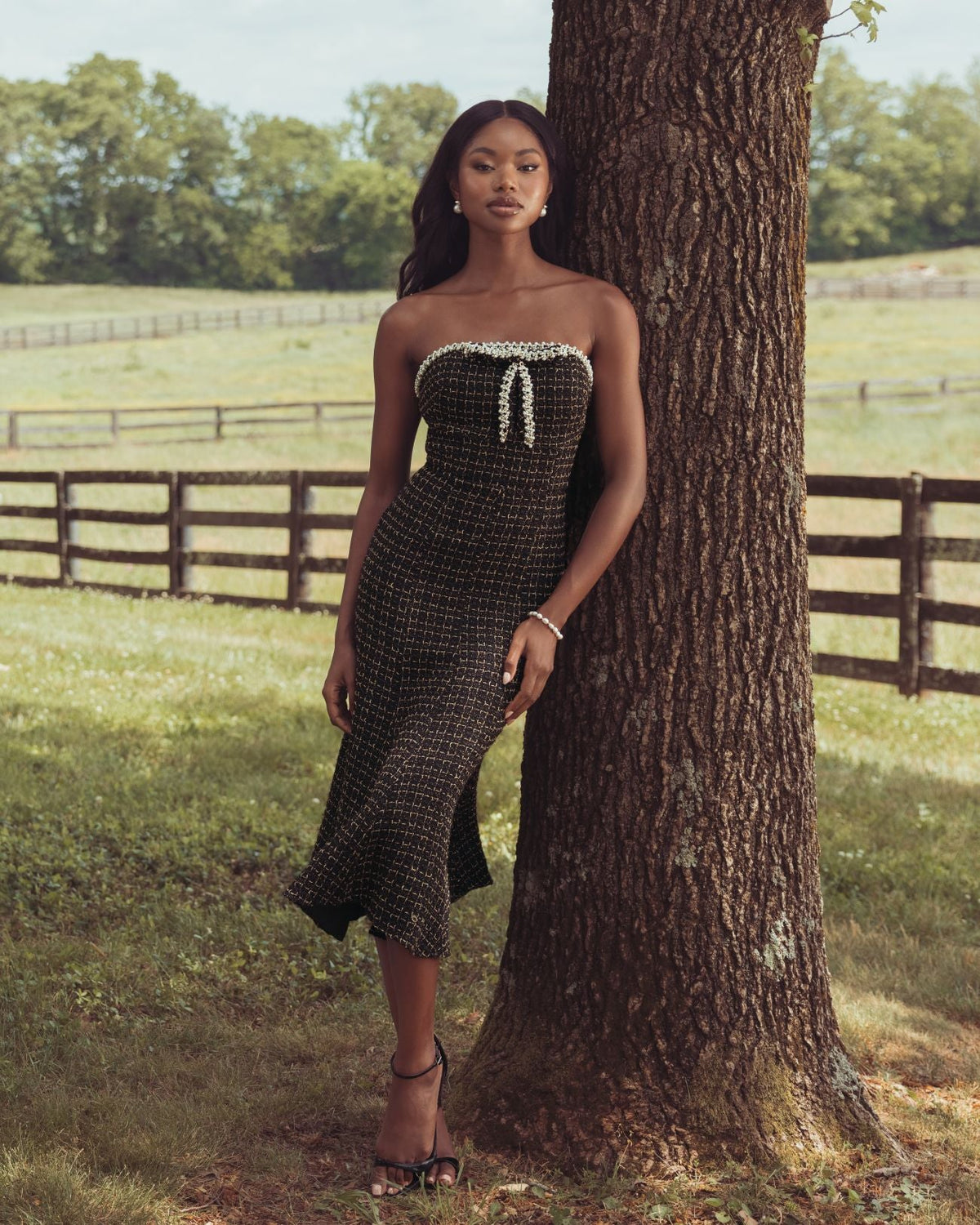 Mac Duggal Black Pearl Trim Boucle Midi Dress