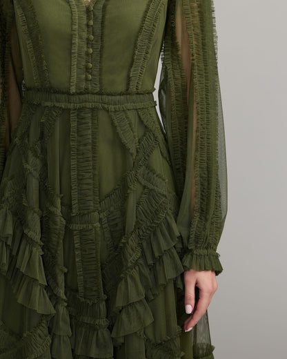 Mac Duggal Green Long Sleeve V-Neck Micro Ruffle Midi Dress