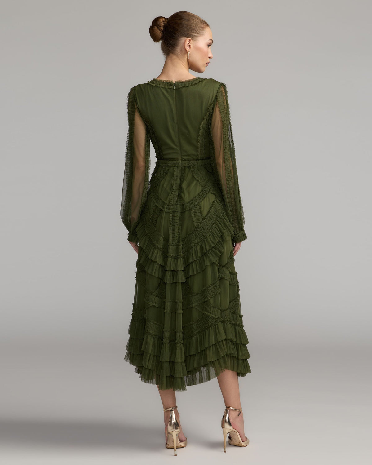 Mac Duggal Green Long Sleeve V-Neck Micro Ruffle Midi Dress