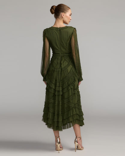 Mac Duggal Green Long Sleeve V-Neck Micro Ruffle Midi Dress