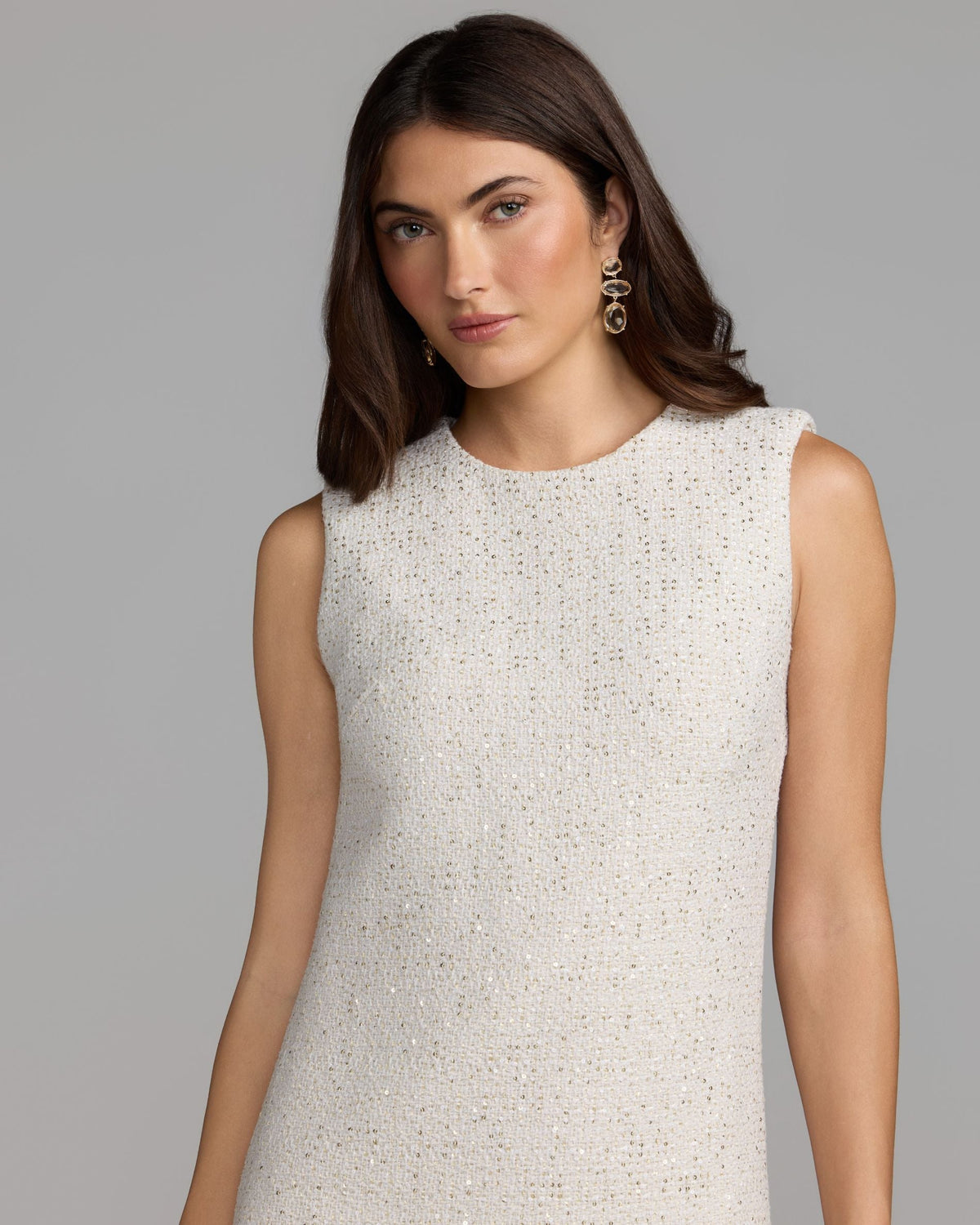 Mac Duggal White Boucle Mini Dress with Pearl Trim