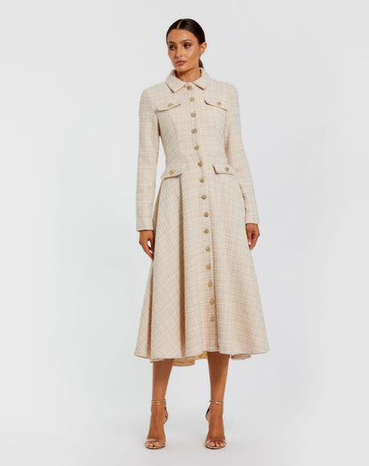 Mac Duggal Ivory Boucle Button Front Long Sleeve Midi Dress