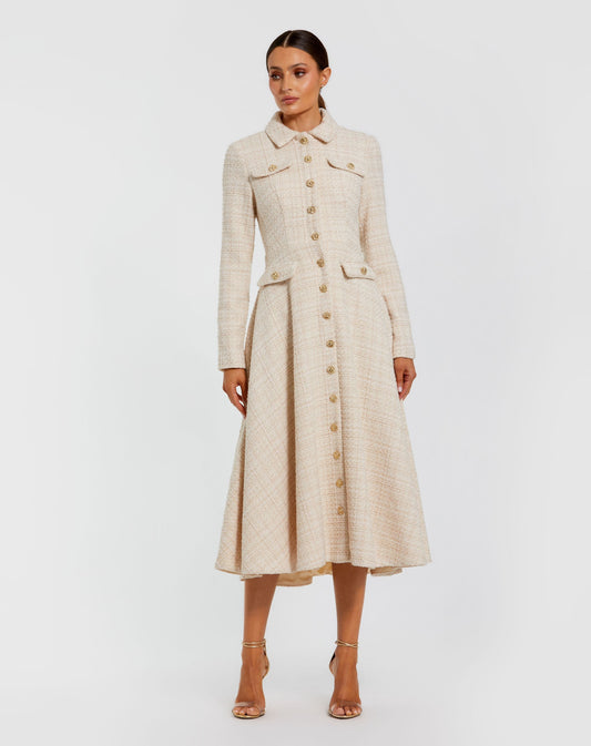 Mac Duggal Ivory Boucle Button Front Long Sleeve Midi Dress