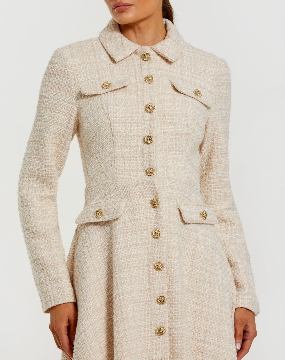 Mac Duggal Ivory Boucle Button Front Long Sleeve Midi Dress