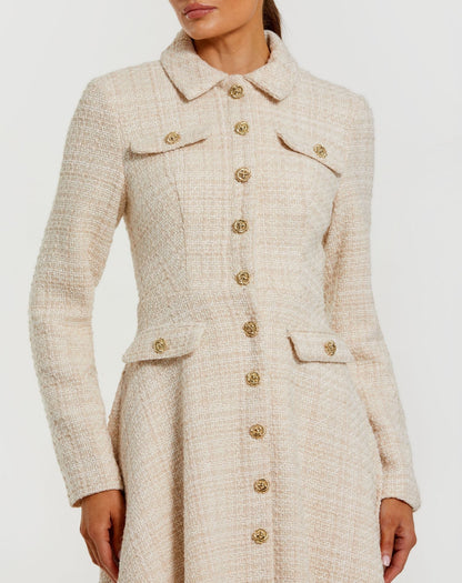 Mac Duggal Ivory Boucle Button Front Long Sleeve Midi Dress