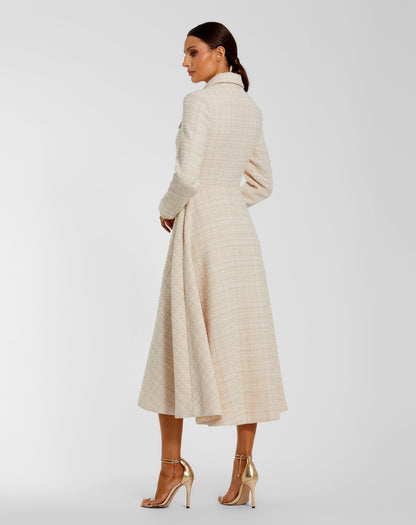 Mac Duggal Ivory Boucle Button Front Long Sleeve Midi Dress