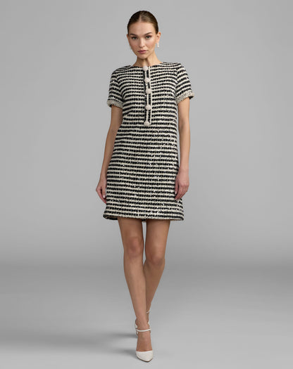 Mac Duggal Black and White Striped Button Up Boucle Mini Dress