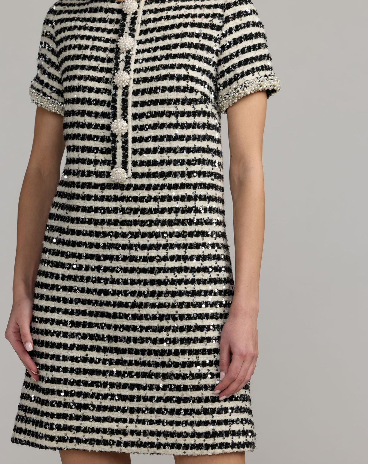 Mac Duggal Black and White Striped Button Up Boucle Mini Dress