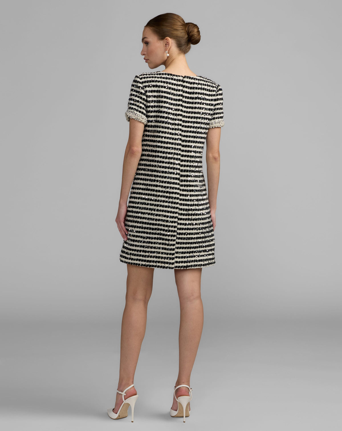 Mac Duggal Black and White Striped Button Up Boucle Mini Dress