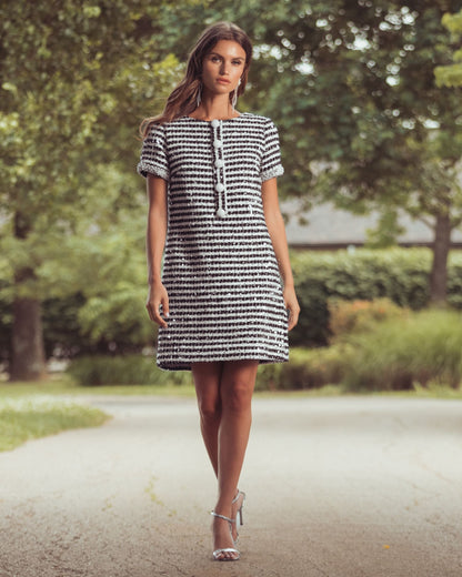 Mac Duggal Black and White Striped Button Up Boucle Mini Dress