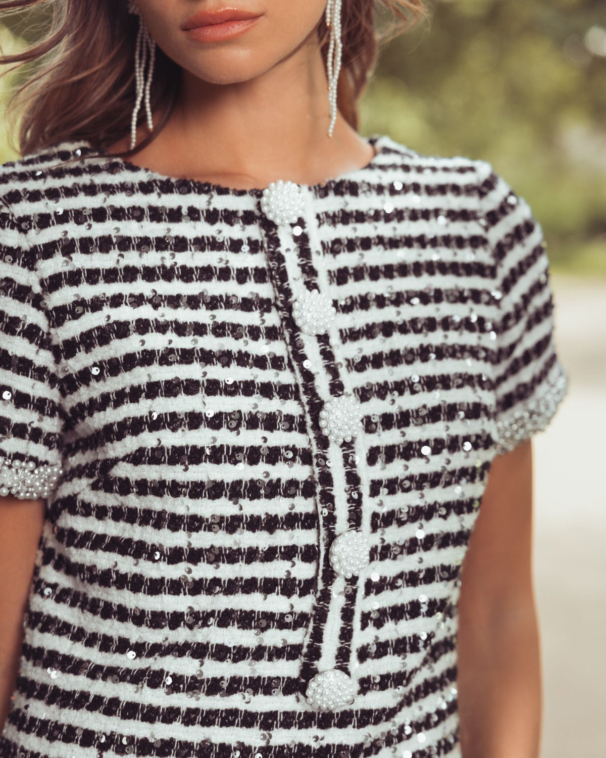 Mac Duggal Black and White Striped Button Up Boucle Mini Dress