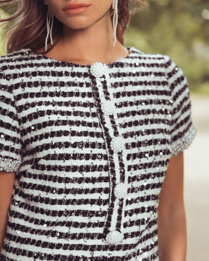 Mac Duggal Black and White Striped Button Up Boucle Mini Dress
