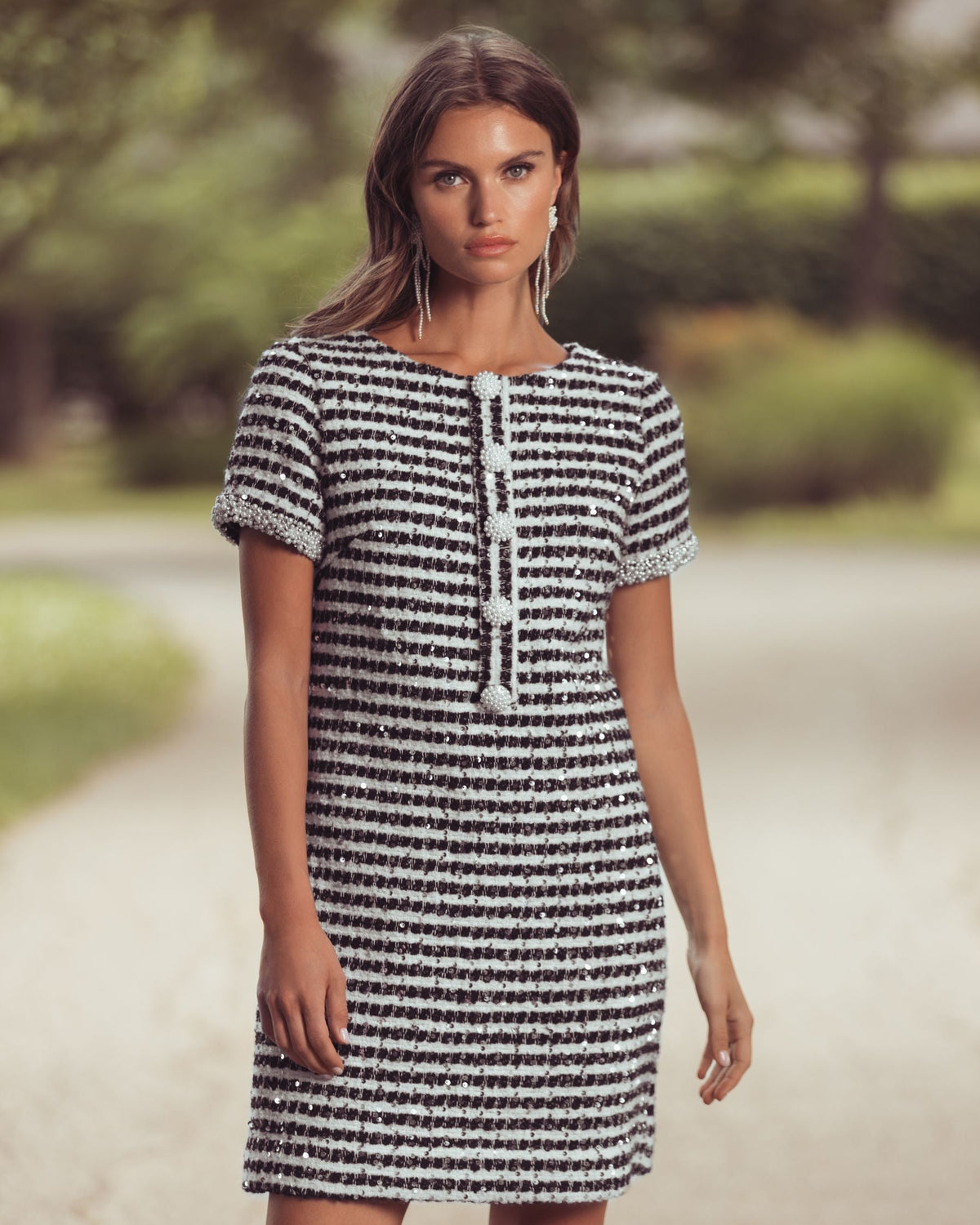Mac Duggal Black and White Striped Button Up Boucle Mini Dress