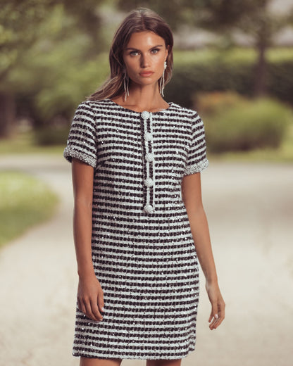 Mac Duggal Black and White Striped Button Up Boucle Mini Dress