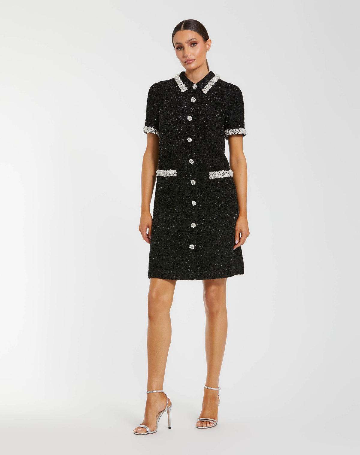 Mac Duggal Black Pearl Trim Boucle Mini Dress