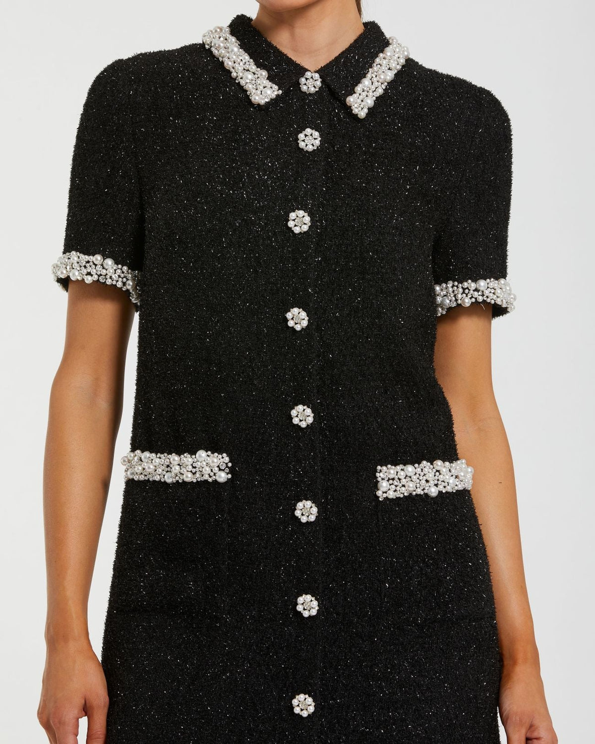 Mac Duggal Black Pearl Trim Boucle Mini Dress