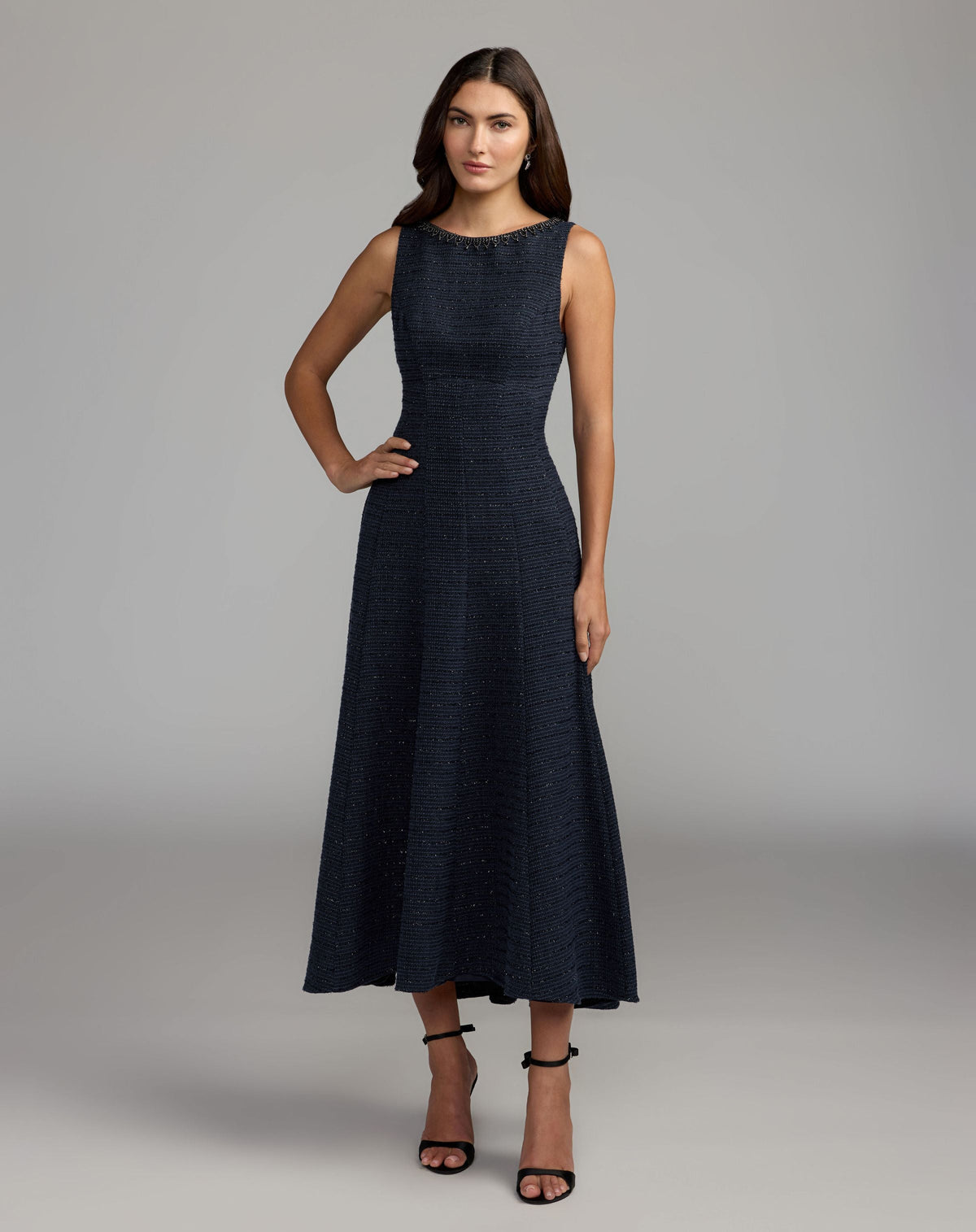 Mac Duggal Navy Sleeveless A-Line Boucle Midi Dress