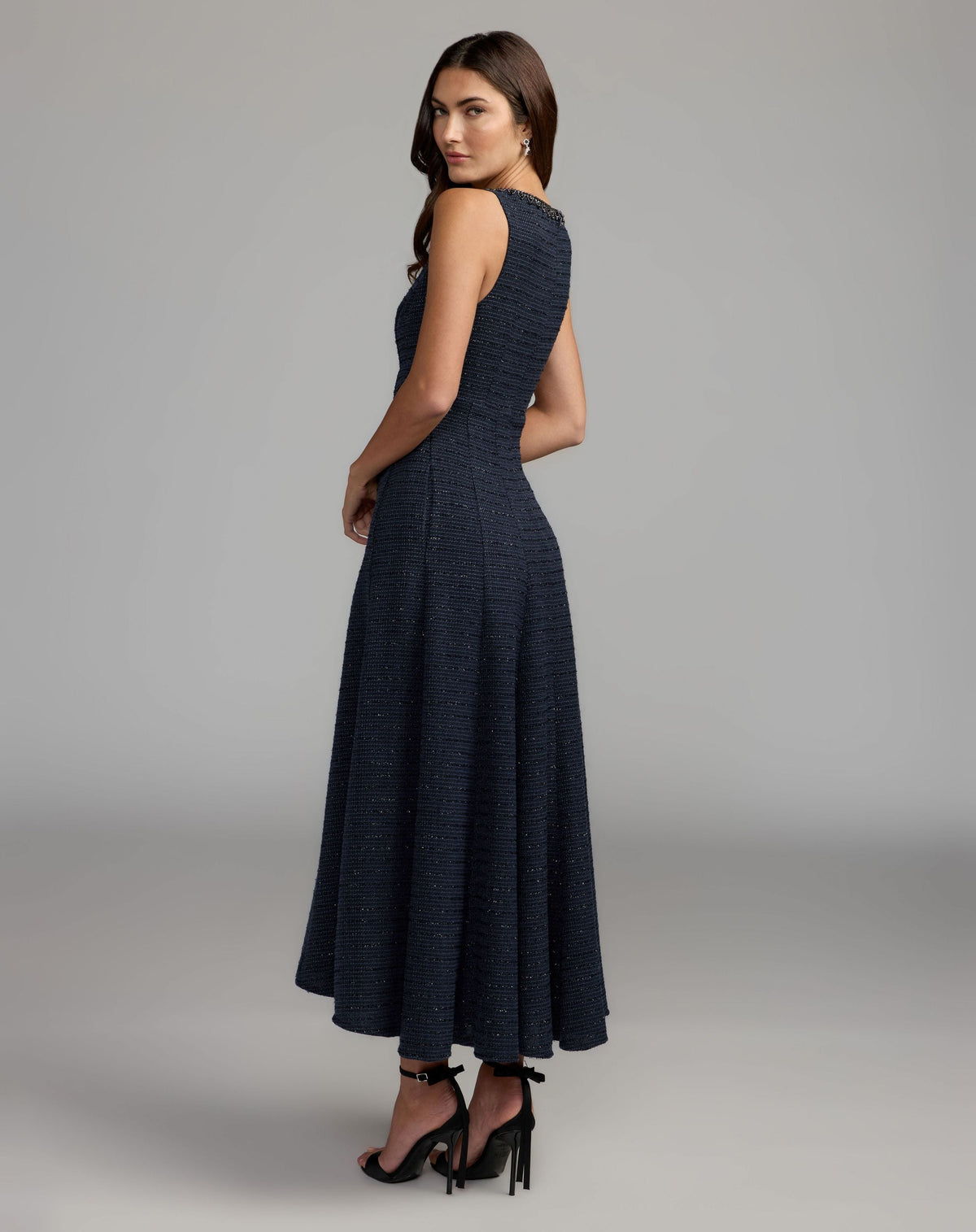 Mac Duggal Navy Sleeveless A-Line Boucle Midi Dress