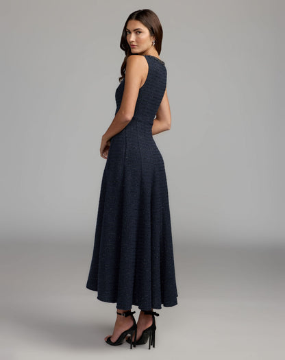 Mac Duggal Navy Sleeveless A-Line Boucle Midi Dress