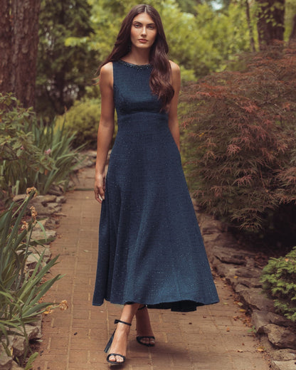 Mac Duggal Navy Sleeveless A-Line Boucle Midi Dress