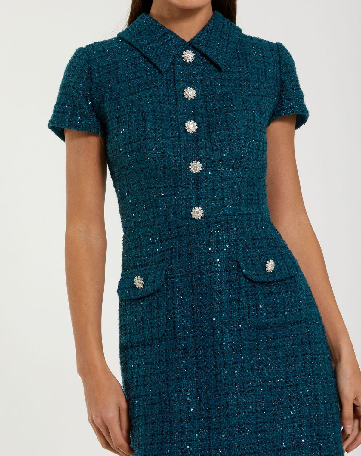 Mac Duggal Teal Short Sleeve Collared Boucle Mini Dress