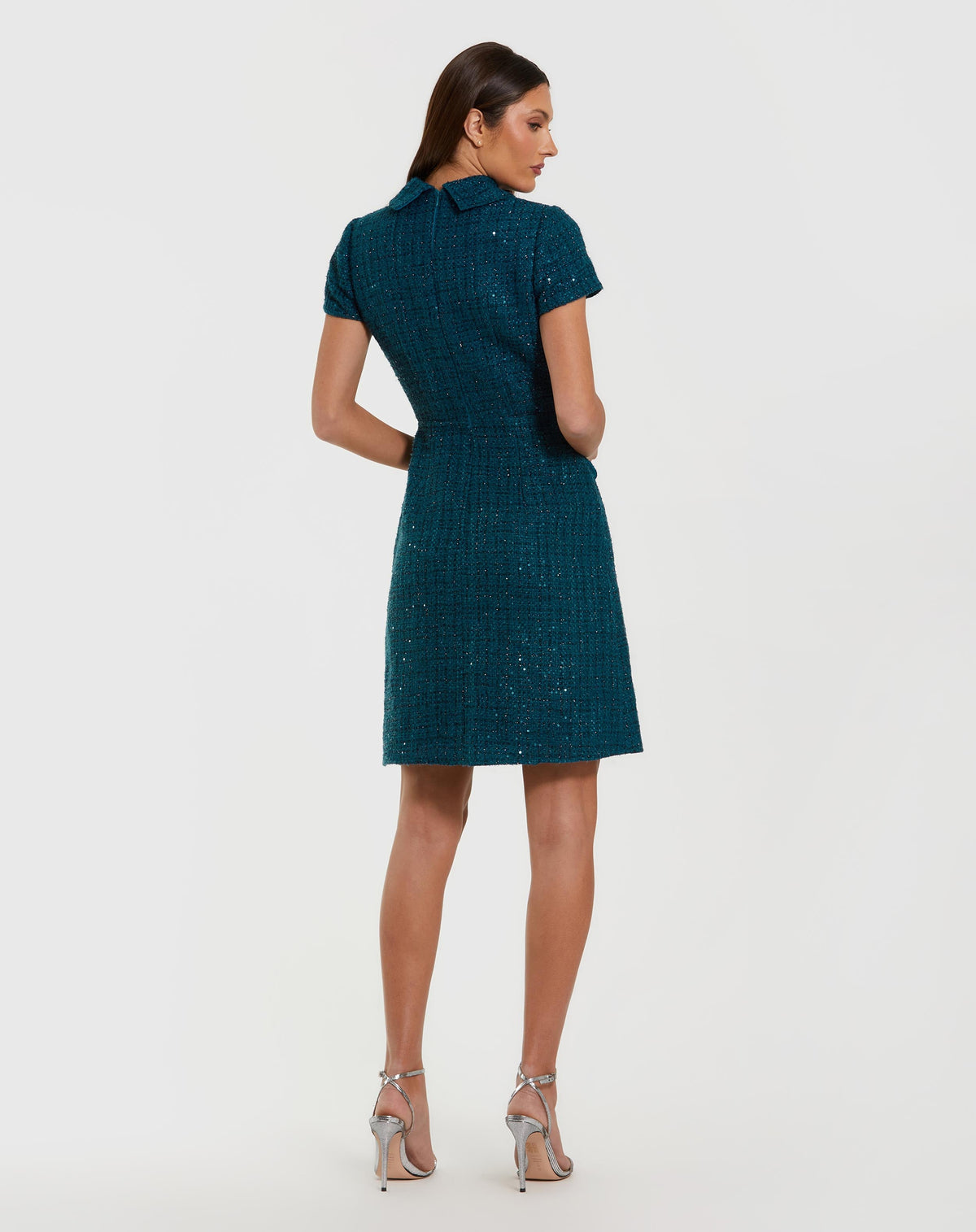 Mac Duggal Teal Short Sleeve Collared Boucle Mini Dress