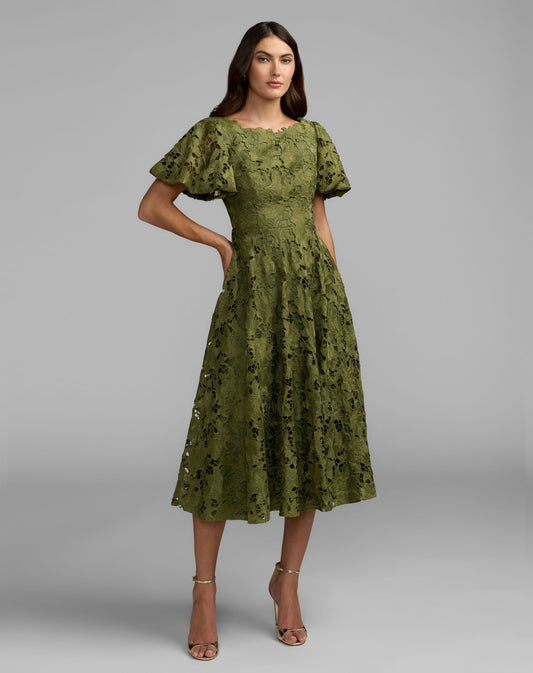 Mac Duggal Olive Green Floral Lace Flutter Sleeve Midi Dress