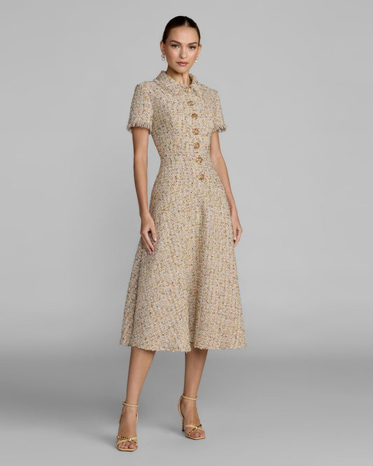 Mac Duggal Beige Boucle Midi Dress with Rhinestone Buttons