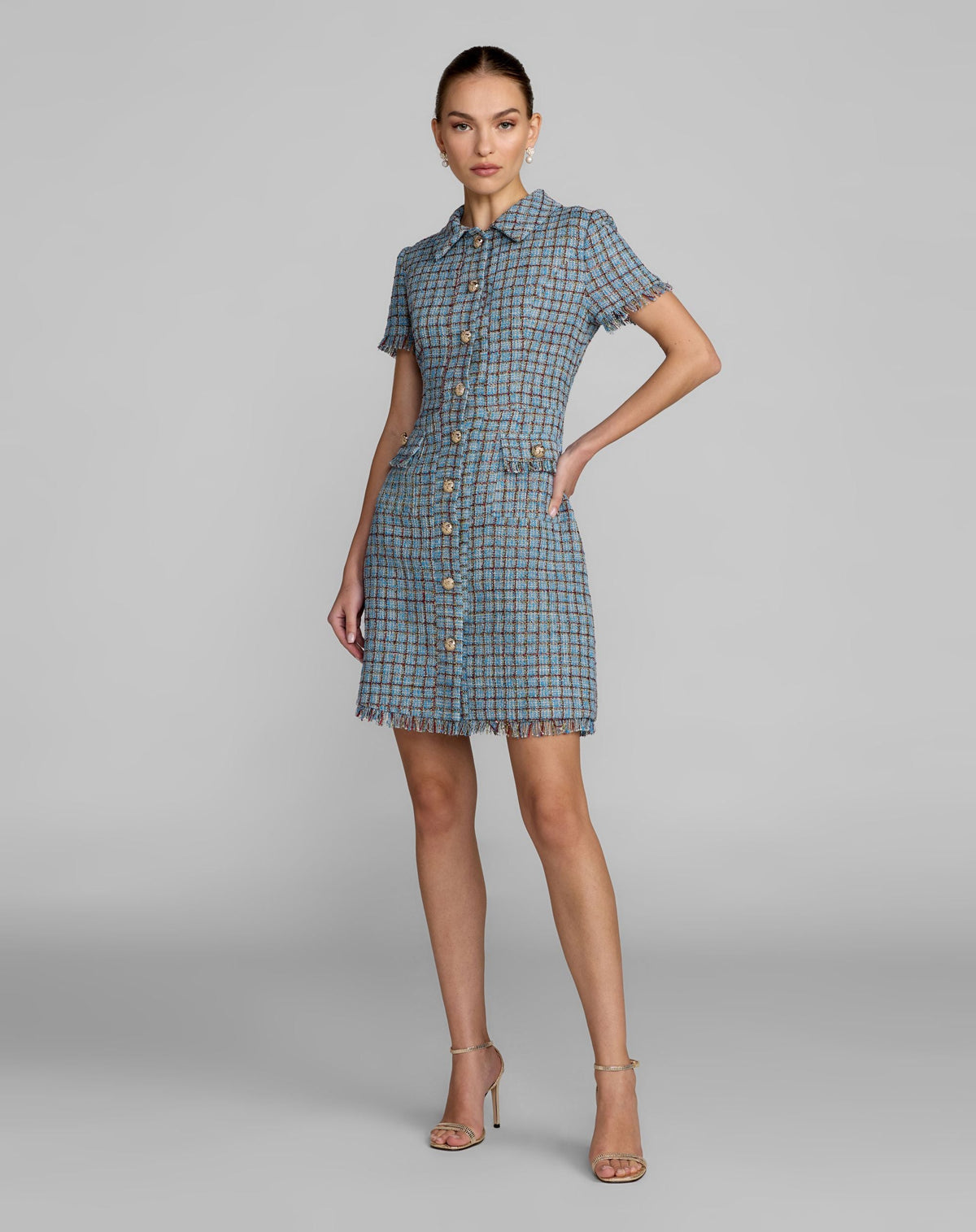 Mac Duggal Blue Short Sleeve Collared Mini Dress