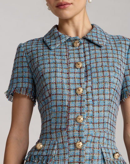Mac Duggal Blue Short Sleeve Collared Mini Dress