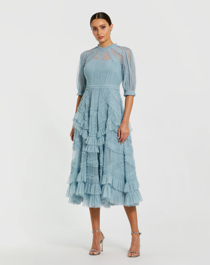 Mac Duggal Petite Blue High Neck Ruffle Tiered A-Line Midi Dress