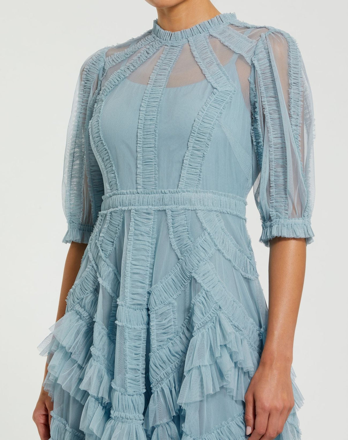 Mac Duggal Petite Blue High Neck Ruffle Tiered A-Line Midi Dress
