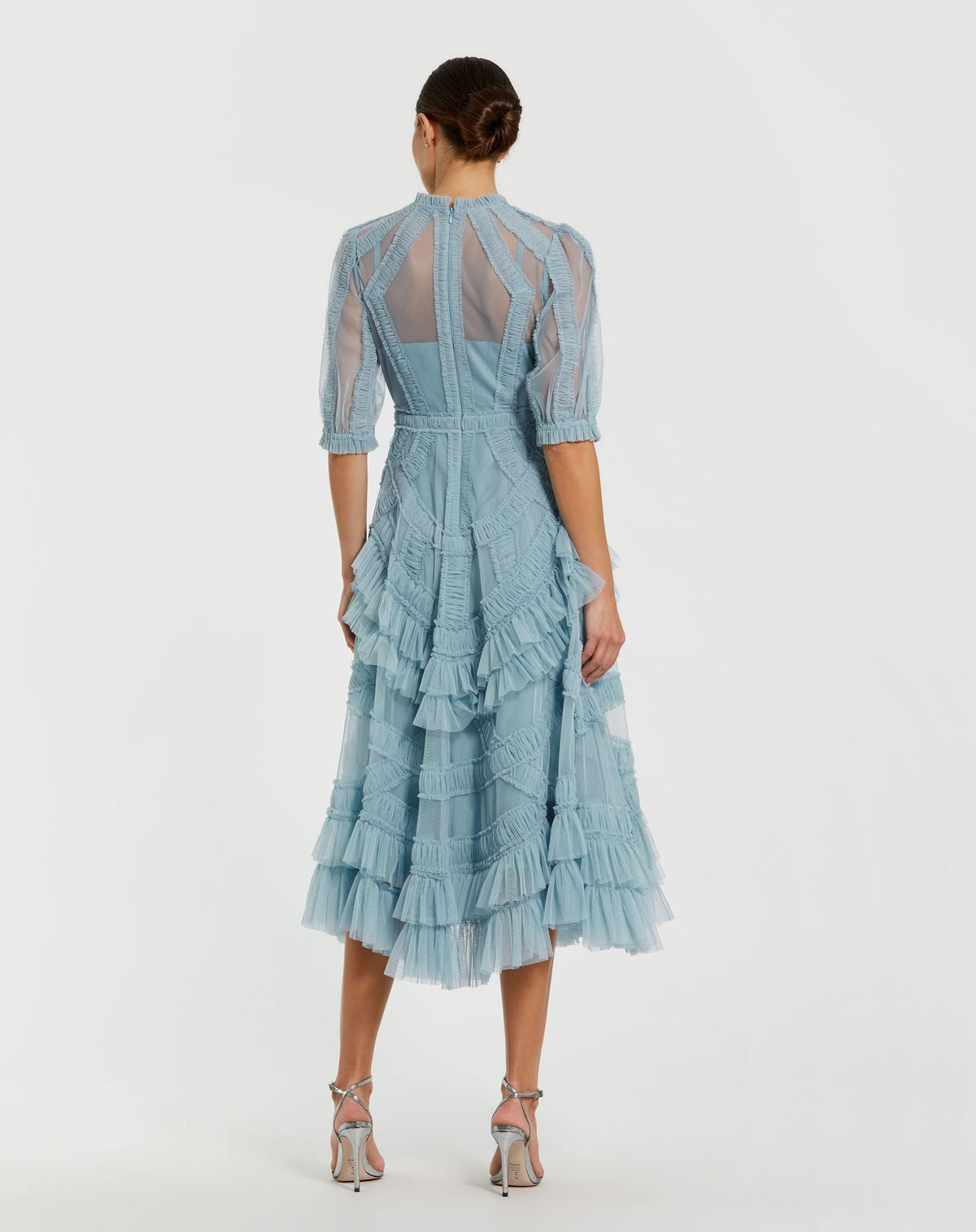Mac Duggal Petite Blue High Neck Ruffle Tiered A-Line Midi Dress