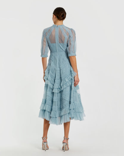 Mac Duggal Petite Blue High Neck Ruffle Tiered A-Line Midi Dress