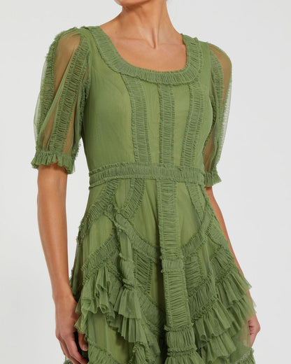 Mac Duggal Petite Green Short Sleeve Micro Ruffle Midi Dress