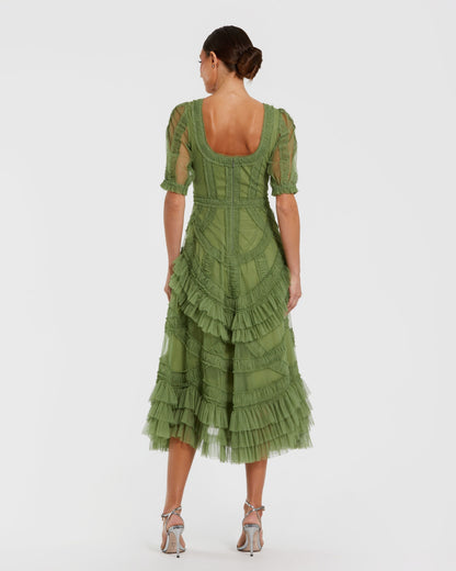 Mac Duggal Petite Green Short Sleeve Micro Ruffle Midi Dress
